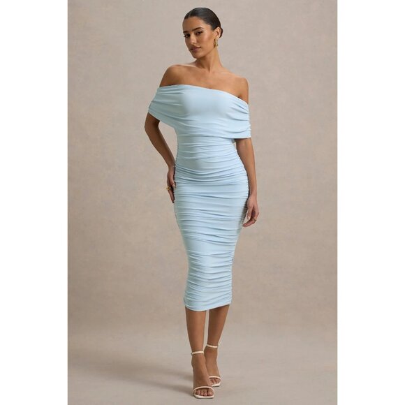 Club L London Rayleigh Bardot Ruched Midi Dress in Powder Blue - Picture 2 of 5